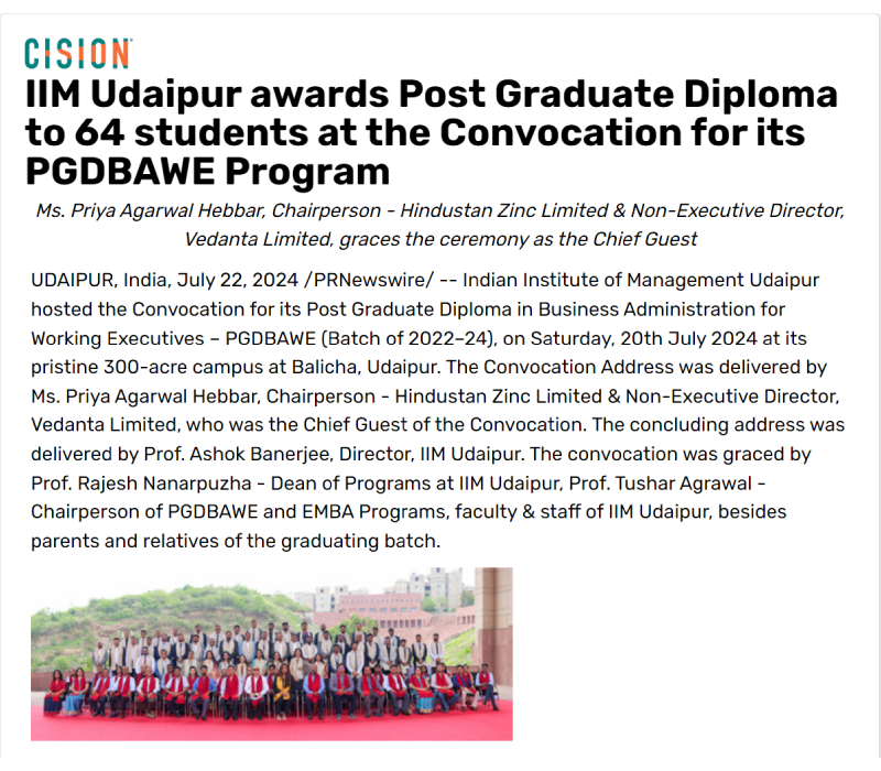 IIM Udaipur awards Post Graduate Diploma to 64 students at the Convocation for its PGDBAWE Program