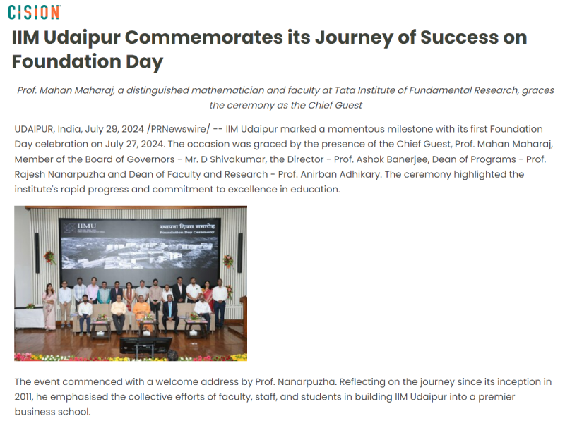 IIM Udaipur Commemorates its Journey of Success on Foundation Day