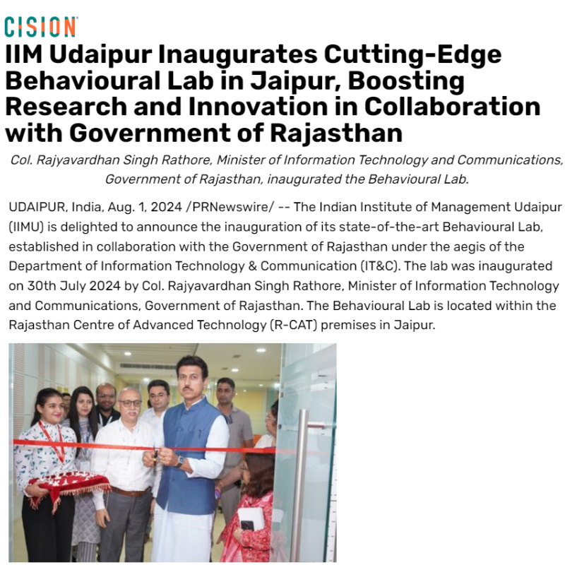 IIM Udaipur Inaugurates Cutting-Edge Behavioural Lab in Jaipur, Boosting Research and Innovation in Collaboration with Government of Rajasthan