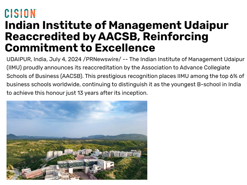 Indian Institute of Management Udaipur Reaccredited by AACSB, Reinforcing Commitment to Excellence